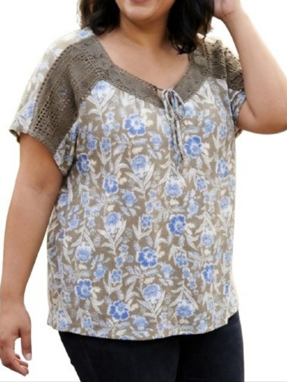 Como Blu Plus Floral Print Crepe Blouse Green Blue Crochet Lace Accents